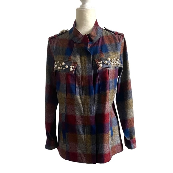 cabi plaid jacket Pearl collage size M medium maroon blue zipper mock neck - Picture 15 of 15